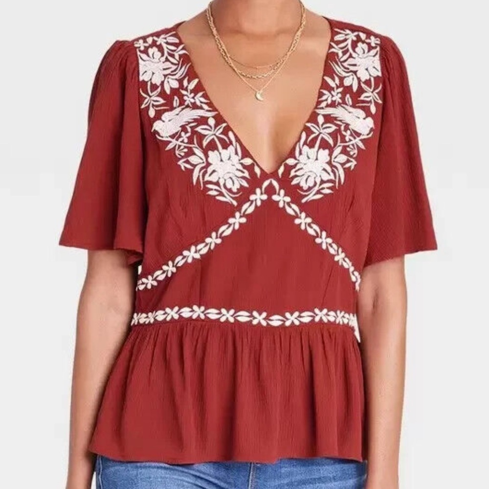 Knox rose embroidered peplum Cottagecore Fairy Short Sleeve Top